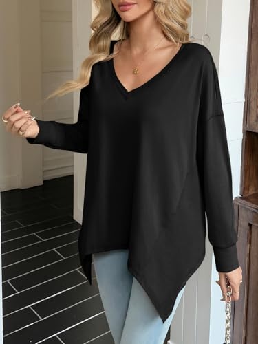 Tankaneo Womens Oversized Long Sleeve V Neck Tops Casual Asymmetrical Hem Loose Fit Shirts Trendy Fall Tunic Tops3