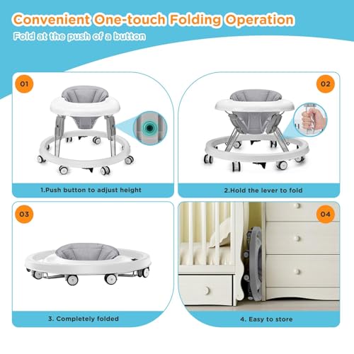 Baby Walker, Foldable Multi-Function Anti-Rollover Walker with Brake Design, 7 Level Height Adjustable, Baby Walkers for Boys 6 Months Suitable for All Terrains (Grey) - Image 4