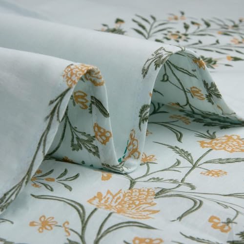 Image of HUESLAND 100% Cotton Reversible Dohar Single Bed Cotton | Soft Cambric Weave, Lightweight AC Blanket for Summer & All Weather Use | 56 x 89 inches, Botanical Fusion - Celest Blue, Green & Mustard