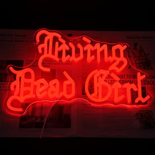 Image of Living Dead Girl Neon Sign Gothic Scary LED Light for Room Halloween Decor | Dimmable Phrase Neon Light Up Sign, Acrylic Red Letter LED Sign, Old English Font Word Neon Light, Bedroom Horror Party Decor