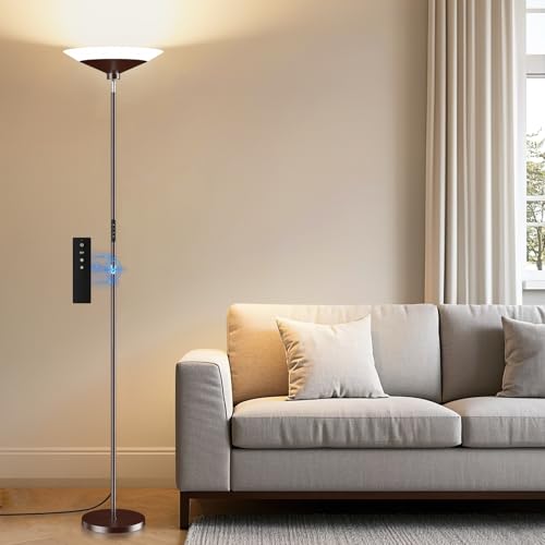 Image of SIBRILLE Brown Torchiere Floor Lamp - 30W Dimmable LED Standing Lamp with Remote, 4 Color Temps, Stepless Dimming, 3000-6500K, 1800LM, 72in Tall Floor Light for Office Bedroom Living Room Corner