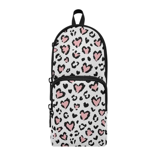 Image of Leopard Print Pink Heart Pencil Case Big Capacity Pen Bag with Compartment Students Schoolbag Shape Stationery Organizer Pencil Pouch Marker Case for School Office Work