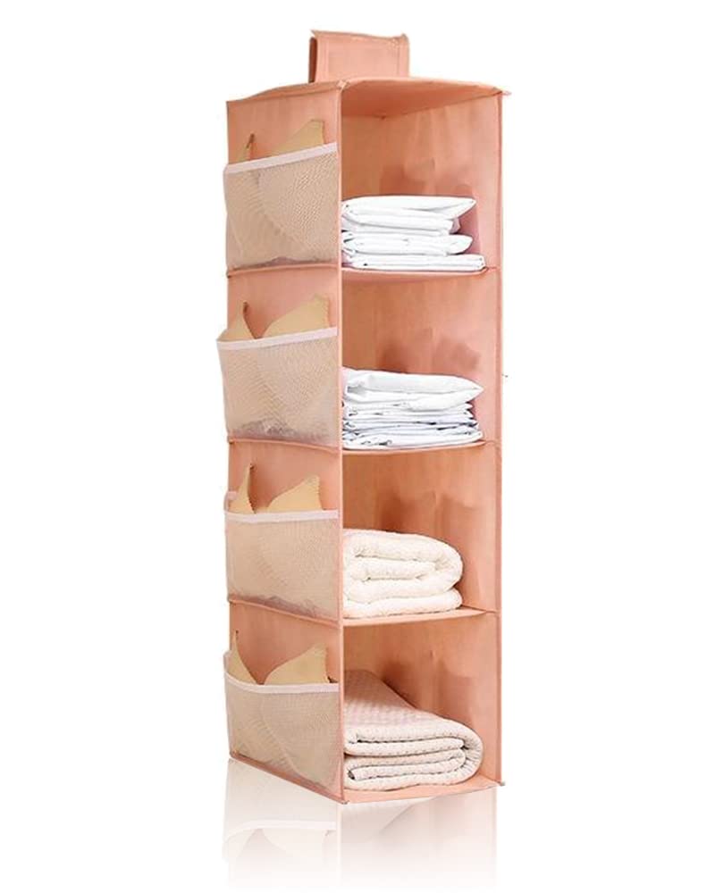 Swift 4-Shelf Hanging Closet Organizer with 8 Side Pockets for Clothes and Shoes | Fabric Hanging Shelves for Closet Storage (Pink) - 80"x30"x22"