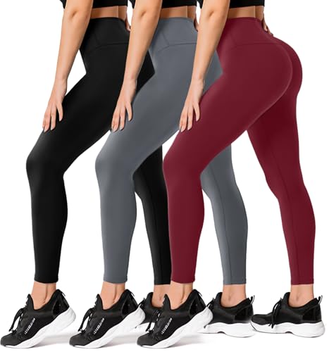 FULLSOFT 3 Pack Leggings for Women Womens Leggings Workout High Waisted Tummy Comtrol Black Lightweight Yoga Pants for Running Dance (Black, Dark Grey, Wine,S-M)