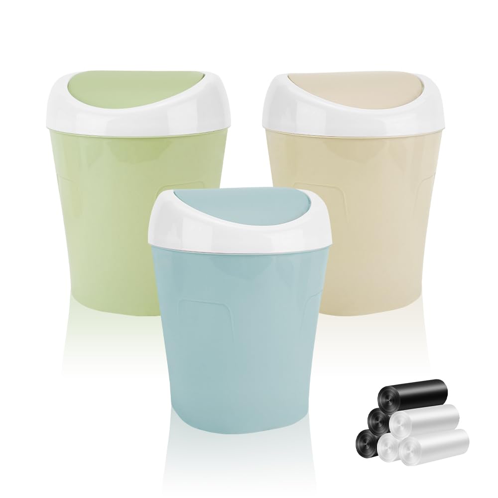 3PCS Small Bin with Lid, Plastic Mini Desktop Bins and 6 Rolls Bin Liners, Colorful Office Desk Compact Trash Can