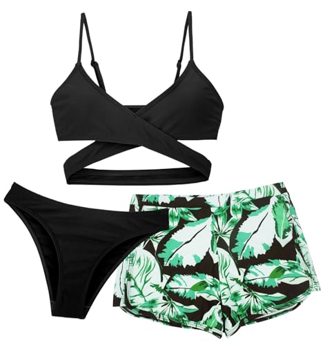 Maeau Badeanzug Dreiteilig Mädchen 10 11 Jahre Bademode Bikini Kinder Mädchen 140 Zweiteiliger Badeanzug Bedruckt Blumen Floral Badebekleidung 3 2 teiler Badeanzug Hawaii Strand Shorts Schwimmen Grün