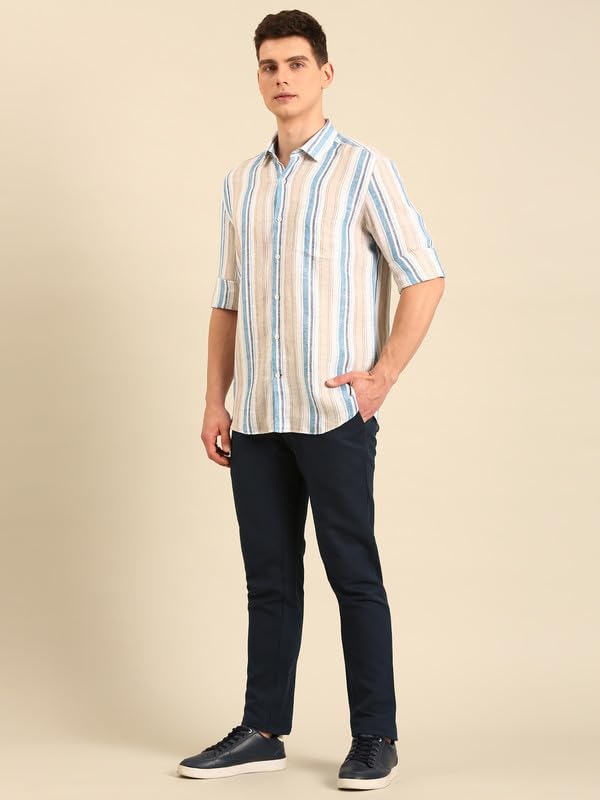 Image of Linen Club Men's Pure Linen Striped Contemporary Fit Full Sleeve Casual Shirt