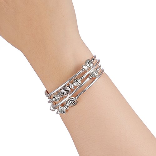 Beaded Pearl Bangle Wrap Bracelet - Fashion Bohemian Jewelry Multilayer Charm Bracelet with Thick Silver Metal Beads, Gift For Women2