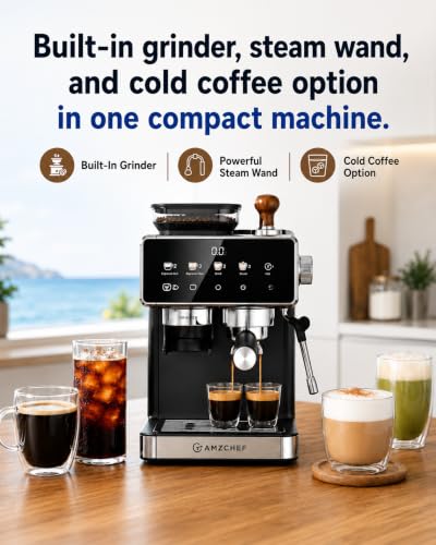 Image of AMZCHEF Espresso Machine with Grinder, Latte & Cappuccino for Home Use | 20 Grind Settings, Built-In Grinder, Hot & Cold Brew, 30s Heat-Up, 3 Temps, 3-10s Pre-Infusion, Milk Frothing, Compact Design