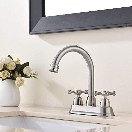 Shaco Brushed Nickel Bathroom Faucet, 4 Inch Centerset Rv Camper Bathroom Faucet, 2 Handle 360° Swivel Spout Lavatory Basin Bath Vanity Bathroom Faucets For Sink 3 Hole Or 2 Hole #TOP2