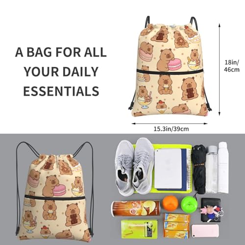 Image of Capybara Drawstring Bags, Outdoor Sport Sackpack Cinch String Bag, Cute Polka Dot Drawstring Backpack, Waterproof Gym Cinch Sackpack, Capybara Player Gift for Women