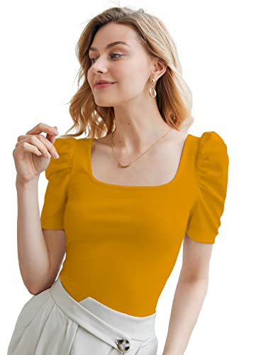 Image of Shasmi Women's & Girl's Polyester Regular Fit Square Neck Short Puff Sleeve Ruched Bust Solid Tops (Shree Top 27)