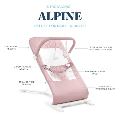 Image of Baby Delight Alpine Deluxe Portable Bouncer, Organic Rose | Infant 0-6 Months, 3-Position Recline, 3-Point Safety Harness, 100% GOTS Certified Cotton Fabric Removable & Washable Cover