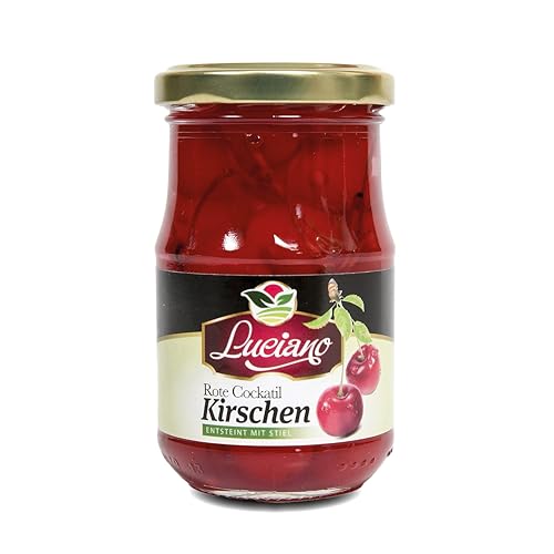 Luciano Cocktail Kirschen 125g - Maraschino Cocktailkirsche ohne Kern Sauerkirschen im Glas mit Stiel eingelegt in Sirup