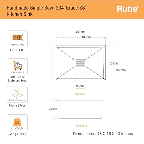 Image of Ruhe Handmade Single Bowl Kitchen Sink - 18x16x10 inches | 304-Grade Stainless Steel Sink with Brushed Matte Finish | Kitchen Sink Including Coupling, Waste Pipe & Vegetable Washing Basket