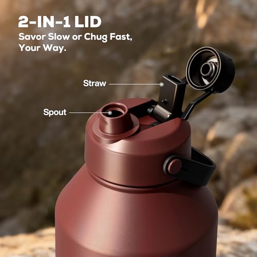 Image of POWCAN 64 oz Insulated Water Bottle with Carrier Bag, Leakproof, Straw and Spout Lid, Keep Cold 48H, Cleaning Brush, BPA-Free, Stainless Steel Water Bottle for Travel, Sports and Picnic (Cocoa)