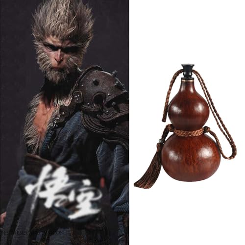 KKIXAPM Calabaza Decorada con Mitos Negros, Botella De Agua De Calabaza De Juego del Rey Mono, Cuerda Tejida con Borlas Decoración Portátil De Calabaza Natural(150ML)