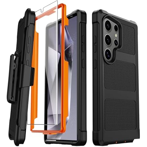Stroson for Samsung Glaxy S24 Ultra Case, [Screen Protector] Heavy Duty Military Grade Drop Protection Shockproof Phone Case for Samsung Glaxy S24 Ultra with Kickstand & Belt Clip Holster (Orange) Cover