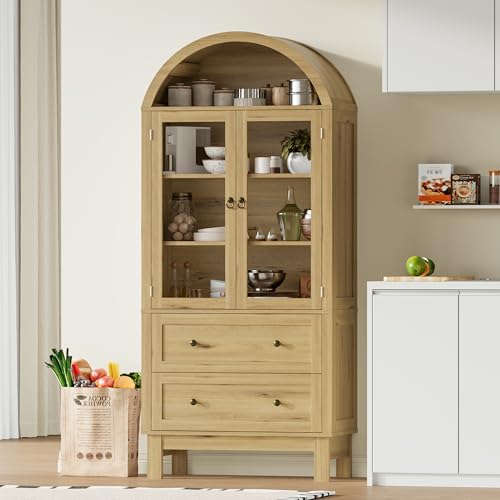 Image of 71 inch Tall Arched Bookshelf, 6-Tier Bookcase with Glass Doors & Adjustable Shelves, Wood Display Book Shelf with Drawers for Living Room, Dining Room, Natrual