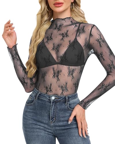 WNEEDU Sexy Blusa Ajustada de Encaje para Mujer Camiseta Manga Larga Blusas Transparente Malla Cuello Alto con Volantes Negro L