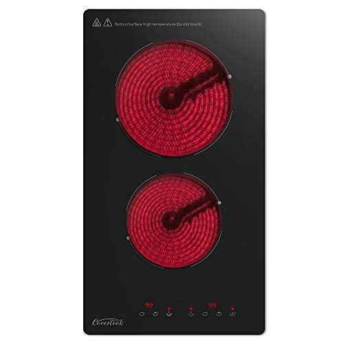 Image of 12 inch Electric Ceramic Cooktop, 2 Rings Radiant Stove Countertop Burners Smooth Top Black Glass Hot Plate for Cooking, No Plug Hardwire 220-240V 3KW