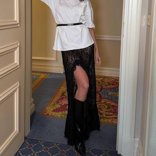 Women Asymmetrical Lace Patchwork Maxi Skirts See Through Ruffle Layered Long Skirt Boho Sheer Flowy Beach Midi Skirts4