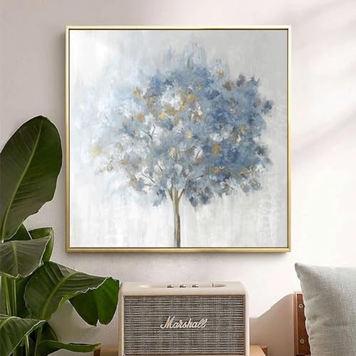 Peinture affiche imprime salon moderne motif arbres bleus dorés avec cadre