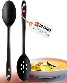 DI ORO® Seamless Series 2-Piece Silicone Spoon Set - 315°C Heat-Resistant Rubber Non-Stick Slotted and Solid Spoons for Mixing and Serving - LFGB Certified and BPA Free Pro-Grade Silicone