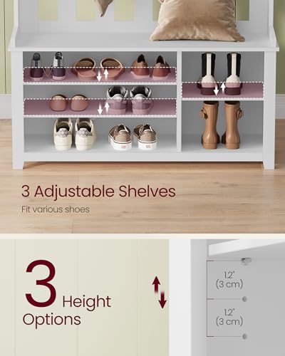 Image of VASAGLE Hall Tree with Bench and Shoe Storage, Coat Rack with Shoe Bench, 7 Double Hooks for Jackets, Hats, Entryway, Bedroom, Living Room, 13.8 x 31.9 x 70.9 Inches, Matte White UHSR414WB01S