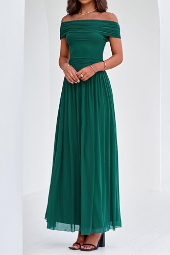 Image of MASCOMODA Women Off The Shoulder Mesh Maxi Dress Bodycon Ruched Formal Sleeveless Pleated Cocktail Wedding Guest Long Dresses