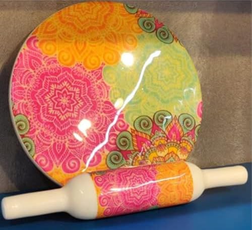 Image of Modern Floral Design Marble Chakla Wooden Belan | Printed 10 Inch Enamel Roti Maker with Belan | Heavy Duty Non-Slip Chakla for Roti, Chapati, Paratha |Kitchen Rolling Board (1 Set) (4.Sun Design)