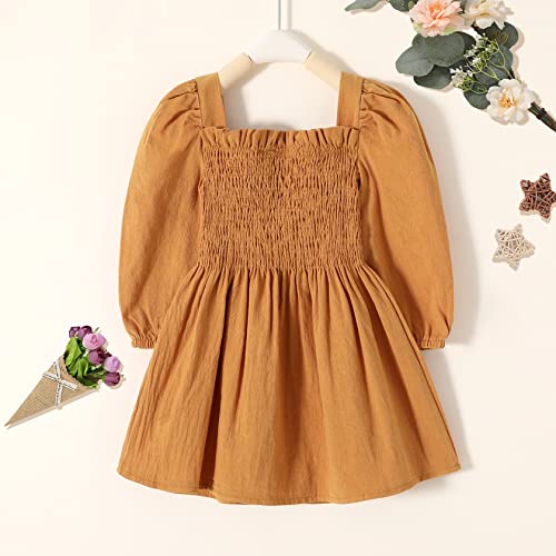 Happy Town Toddler Girl Fall Dress Square Neck Long Sleeve Play Wear Dress Baby Solid Color Casual Clothes (Ginger, 4-5 T) #TOP2