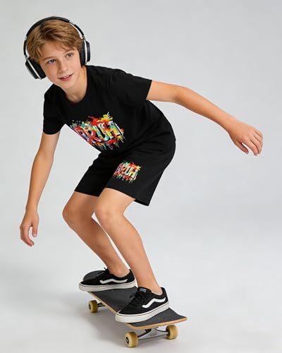 Image of Cakaner Tween Boys Summer Clothes 2 Piece Short Sleeve Graphic T-Shirt and Shorts Casual Outfit Set Size 7-14