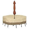 Classic Accessories Veranda Water-Resistant 60 Inch Round Patio Table & Chair Set Cover with Umbrella Hole, Pebble, Outdoor Table Cover