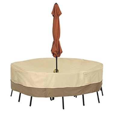 AMAZON - Classic Accessories Veranda Water-Resistant 60 Inch Round Patio Table & Chair Set Cover with Umbrella Hole, Pebble, Outdoor Table Cover