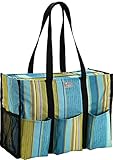 Pursetti Zip-Top Organizing Utility Tote Bag with Multiple Pockets for Working Women, Nurses, Teachers and Soccer Moms (Teal Stripes)