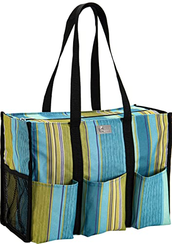 Pursetti Zip-Top Organizing Utility Tote Bag with Multiple Pockets for Working Women, Nurses, Teachers and Soccer Moms (Teal Stripes)