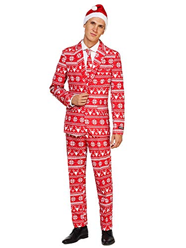 Suitmeister Christmas Suits for Men  Red Nordic  Ugly Xmas Sweater Costumes Include Jacket Pants & Tie + Free Hat  XL