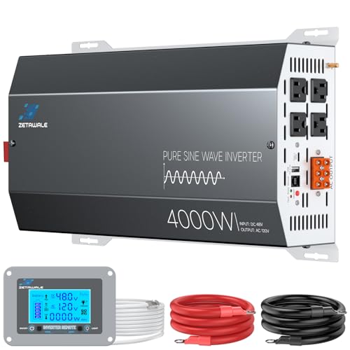 4000W Pure Sine Wave Inverter 48V DC to 110V/120V AC Converter 8000W Peak High-Efficiency Off-Grid Power Inverter for Solar System 4 AC Outlets USB & Type-C LCD Remote Control