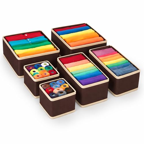 Image of Skrill 6-Piece Foldable Cloth Storage Box Set | Cube Baskets, Bins & Dividers for Closet & Dresser Drawer Organization | Storage for Shirts, Pants, Underwear, Bras, Socks, Inner & More (Brown)