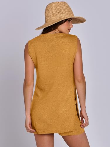 Image of ANRABESS Women Summer 2 Piece Outfits Sleeveless Knit Sweater Top & Shorts Soft Lounge Sets Travel Beach 2026 Spring Clothes Turmeric Small