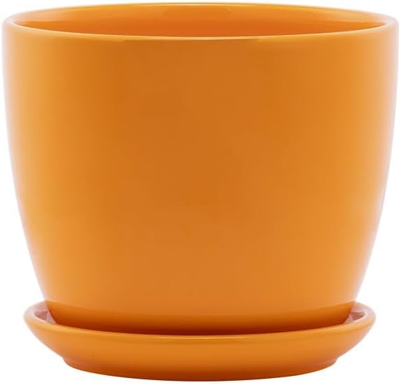 Napco Imports Smooth Modern Design 6.75 x 8.25 Inch Carrot Orange Ceramic Indoor Planter Pot with Attached Saucer