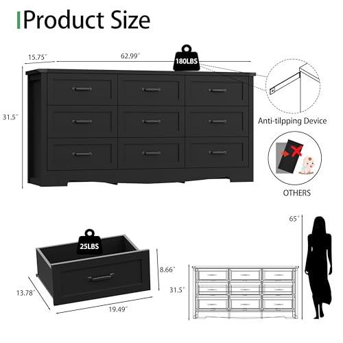 Image of Dresser for Bedroom with 9 Drawers, 63 inch Wide Wood Chest of Drawers with Deep Drawers & Mental Handle, Modern Dresser TV Stand, Wooden Closet Storage Organizer for Living Room, Hallway, Entryway, Black
