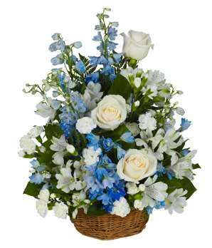 The Shopstation Sympathy Wishes - Same Day Sympathy Flowers Delivery - Blue Delphinium, White Roses & Carnations