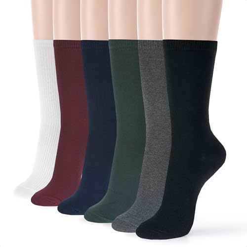 Image of Kikiya Women Mid-Calf Crew Socks - 6 Pairs Comfort Fit Soft Cotton Solid Colorful Dress Socks for Ladies Girls - Wine Navy Green Dark Gray Black White Multicolor Cute Outfit - Solid A - Dark Color(6)