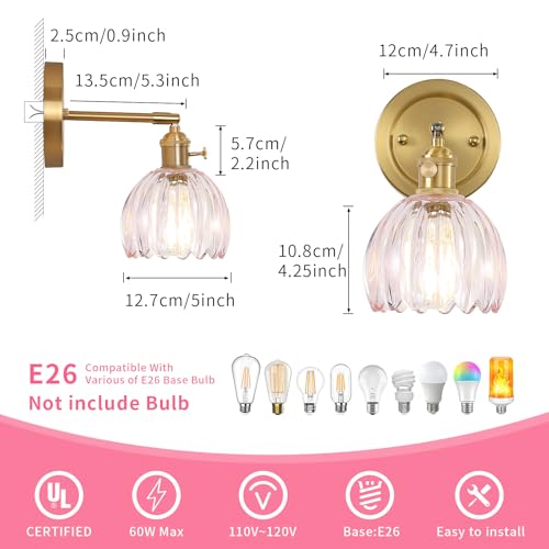 Image of 5 inch Vintage Wall Sconces with Pink Tulip Glass Lampshade 180 Adjustable Brass Sconce Hradwired Modern Wall Lighting Fixture for Bedside Bedroom Reading Nook
