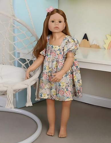 Pinky Reborn 39inch98cm Reborn Toddler Dolls Huge Baby Full Body Hard Vinyl Realistic Brown Hair Standing Girl Beautiful Dress Model Collectible Toddler Baby Girl for Age3+