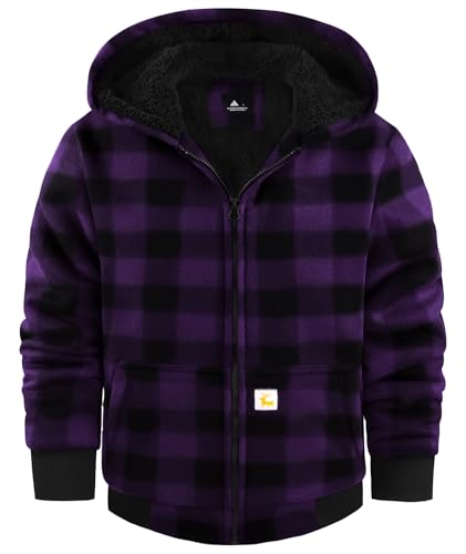 Image of V VALANCH Boys Flannel Jacket Hooded Fleece Lined Zip-up Hoodies Plaid Coat for Kids