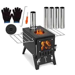 Camping Wood Stove, Hot Tent Stove with 5-Piece Chimney, Smoke-Control