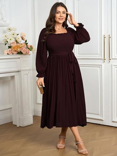 Women's Plus Size Dress Long Sleeve Smocked Square Neck Ruffle Pleated Flowy Wedding Guest Maxi Fall Dress2